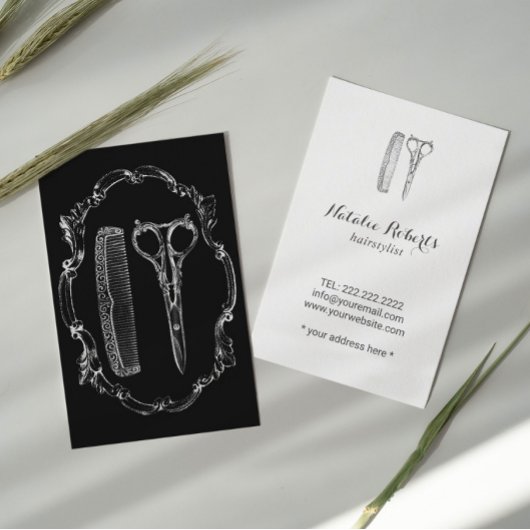 ヴィンテージ美容師シザー&コームイラストレーション 名刺