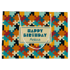 ヴィンテージ美的パズルピースのパターン誕生日 ラージペーパーバッグ
