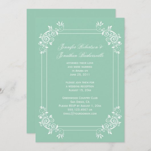 ヴィンテージ翡翠グリーンとホワイトの渦巻き 結婚式後 招待状 (正面/裏面)