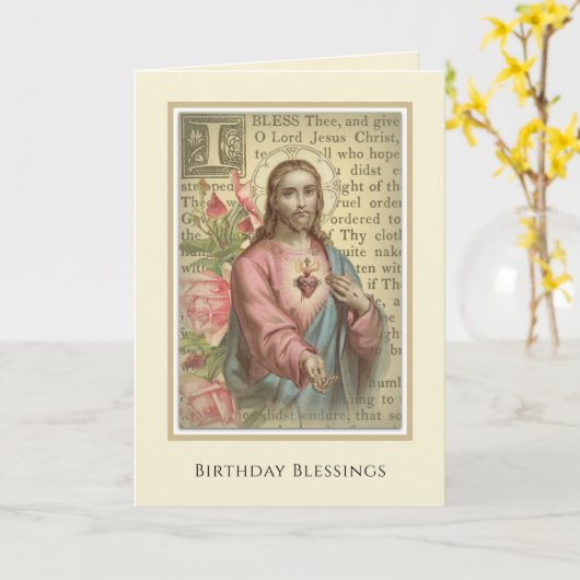 ヴィンテージ聖なるハートイエズスの宗教誕生日 カード (黄色い花)