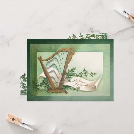 ヴィンテージ聖パトリックの日ハープとクローバー カード (正面/裏面インサイチュ)