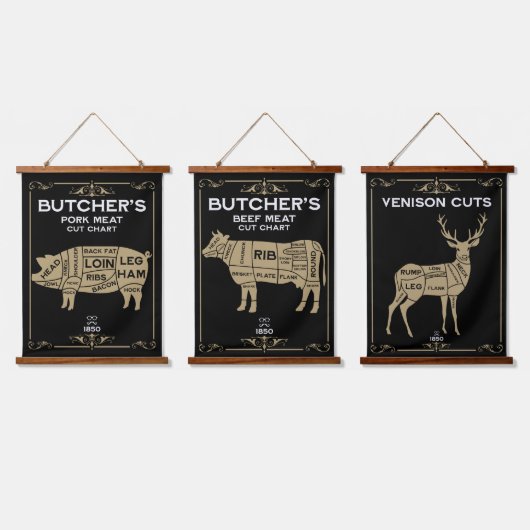 ヴィンテージ肉屋が肉を切る 吊り下げ型タペストリー (トリプル)