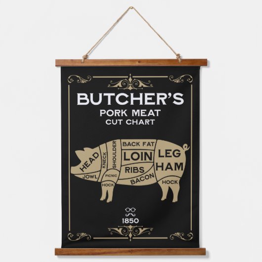 ヴィンテージ肉屋が肉を切る 吊り下げ型タペストリー (正面)