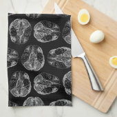ヴィンテージ脳図プリントパターン脳ブラック キッチンタオル (四つ折り)