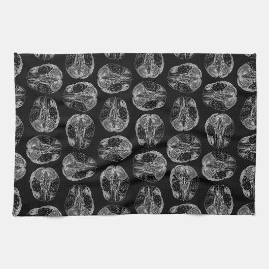 ヴィンテージ脳図プリントパターン脳ブラック キッチンタオル (横)