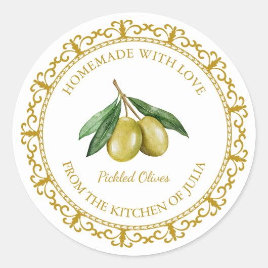 ヴィンテージ自家製オリーブ油/ピクルラベルlホワイト ラウンドシール (正面)