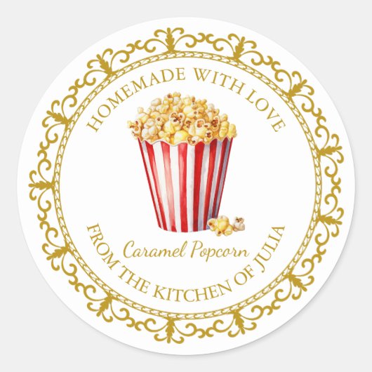ヴィンテージ自家製ポップコーンラベルlホワイト ラウンドシール (正面)