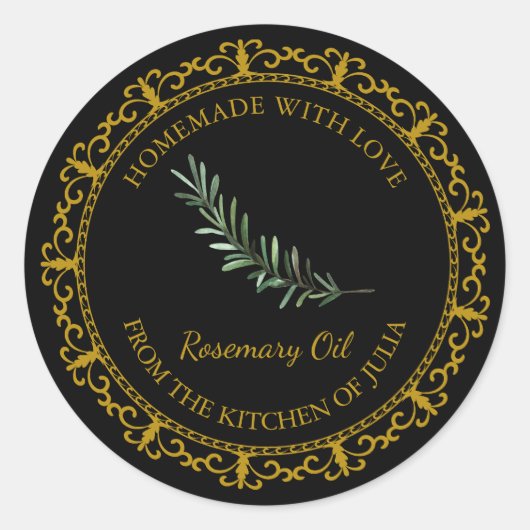 ヴィンテージ自家製ローズマリー油ラベルlブラック ラウンドシール (正面)
