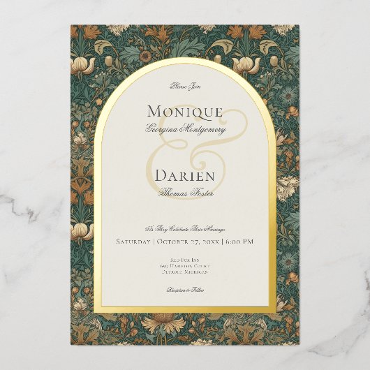ヴィンテージ自然ウィリアムモリスエレガントな結婚式 箔招待状 (正面)