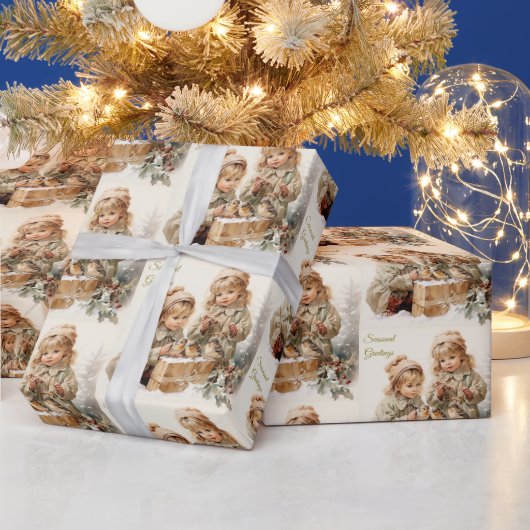 ヴィンテージ自然クリスマスの子どもたち ラッピングペーパー (クリスマス)