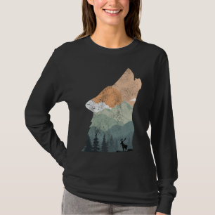 ヴィンテージ自然デザインと狼のシルエット Tシャツ