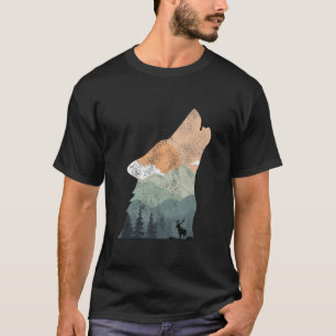 ヴィンテージ自然デザインと狼のシルエット Tシャツ