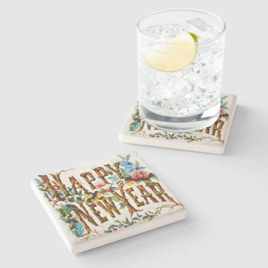 ヴィンテージ自然幸福の新年 ストーンコースター (横)