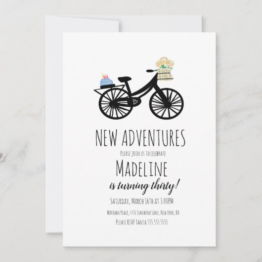ヴィンテージ自転車お誕生日ケーキフローラ任意の年齢 招待状 (正面)