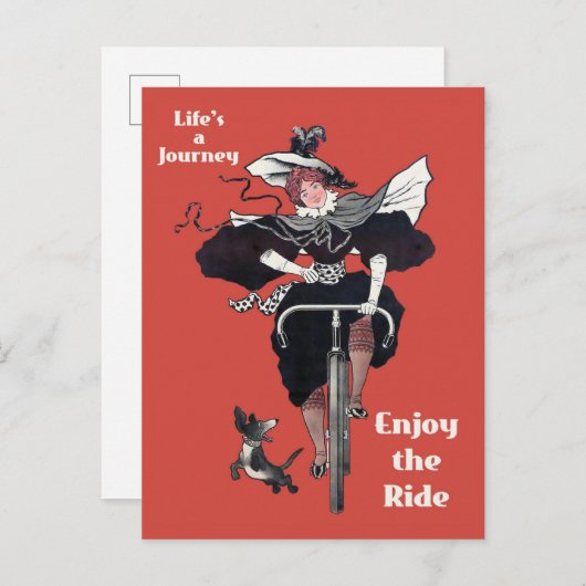 ヴィンテージ自転車かわいい自転車に乗る女性 ポストカード (正面/裏面)