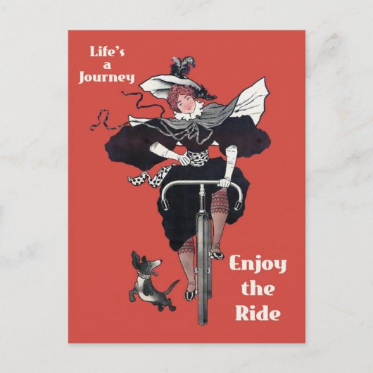 ヴィンテージ自転車かわいい自転車に乗る女性 ポストカード (正面)