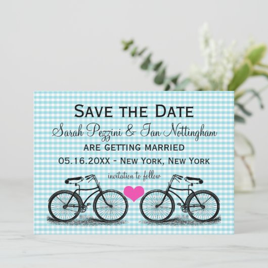 ヴィンテージ自転車で日付のウェディングカードを保存 招待状 (スタンド正面)