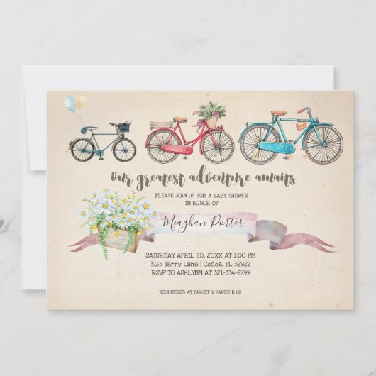 ヴィンテージ自転車のベビーシャワー 招待状 (正面)