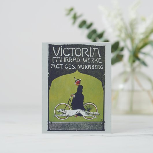 ヴィンテージ自転車の女性と犬 ポストカード (スタンド正面)