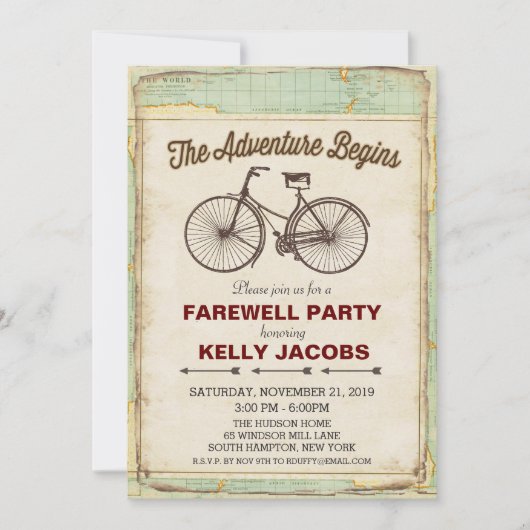 ヴィンテージ自転車旅行お別れパーティー招待状 招待状 (正面)