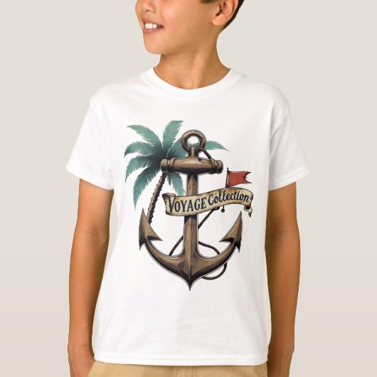 ヴィンテージ航海のいかりとパームツリー – 海上 Tシャツ (正面)