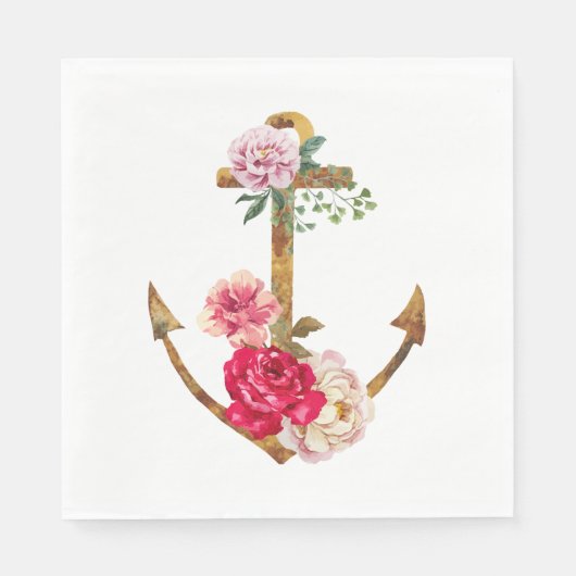 ヴィンテージ航海のいかりピンク&赤牡丹フラワー スタンダードランチョンナプキン (正面)