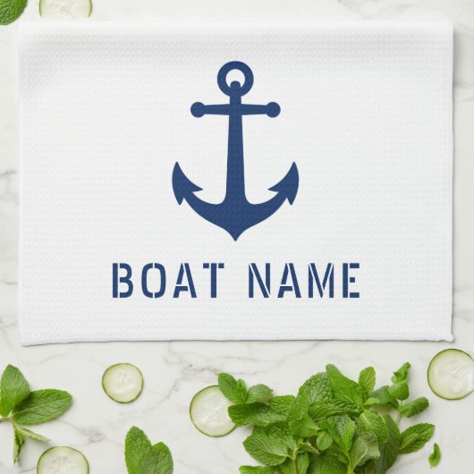 ヴィンテージ航海のいかりボート名ネイビーブルーホワイト キッチンタオル (折り畳み)