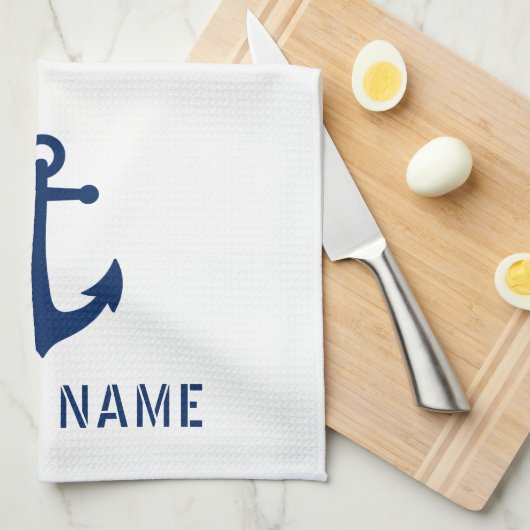 ヴィンテージ航海のいかりボート名ネイビーブルーホワイト キッチンタオル (四つ折り)
