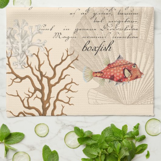 ヴィンテージ航海ののボクフィッシュイラストレーション キッチンタオル (折り畳み)