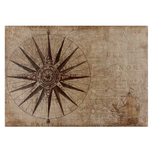 ヴィンテージ航海のアンティークマップガラス切断板 カッティングボード (正面)