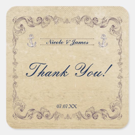 ヴィンテージ航海のエレガントビーチ結婚式 スクエアシール (正面)