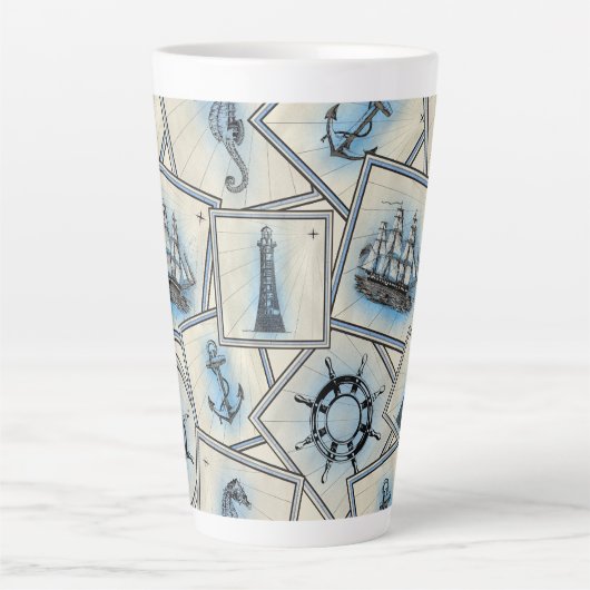 ヴィンテージ航海のコラージングイラスト カフェラテマグ (正面)