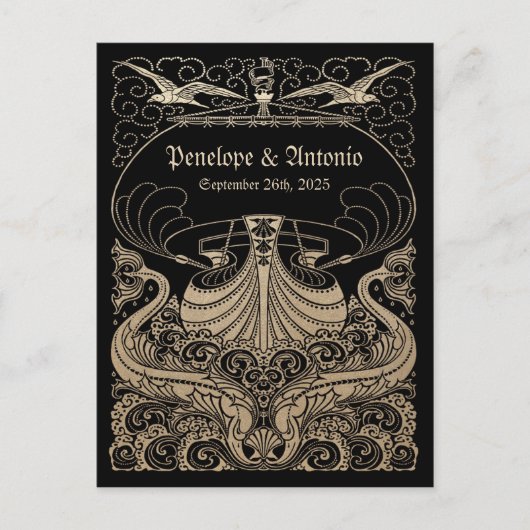 ヴィンテージ航海のゴールドフォイル結婚式の日付を保存 案内ポストカード (正面)