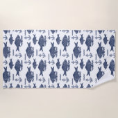 ヴィンテージ航海のスケッチ魚、波、いかり白 ビーチタオル (正面)