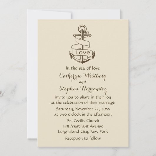 ヴィンテージ航海のズシッ結婚プいかりブラウンタン 招待状 (正面)