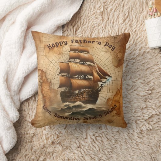 ヴィンテージ航海のセピア地図と帆船 クッション (ブランケット)