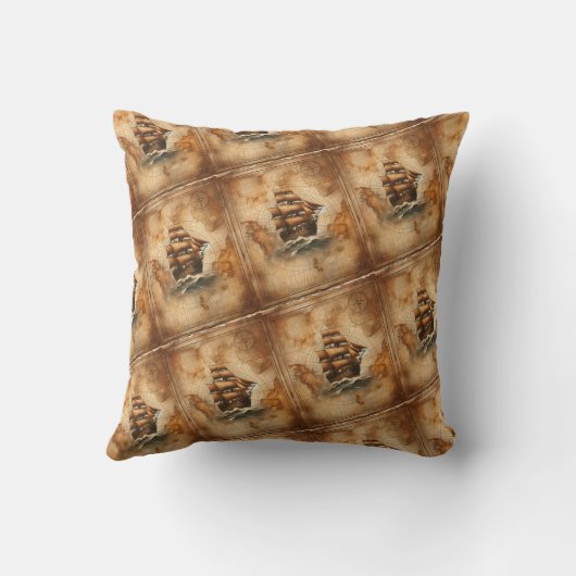 ヴィンテージ航海のセピア地図と帆船 クッション (裏面)