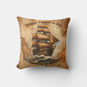 ヴィンテージ航海のセピア地図と帆船 クッション (正面)