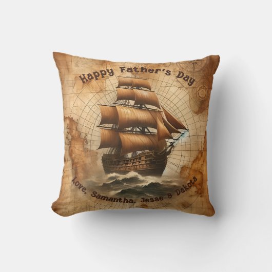 ヴィンテージ航海のセピア地図と帆船 クッション (正面)