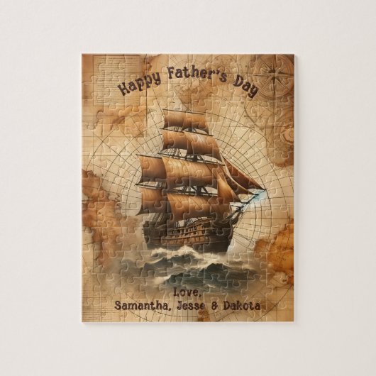 ヴィンテージ航海のセピア地図と帆船 ジグソーパズル (縦)