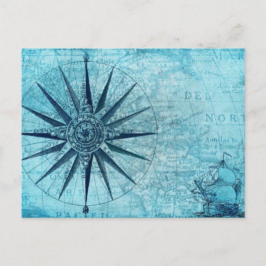 ヴィンテージ航海のナビゲーションコンパスマップ インビテーションポストカード (正面)
