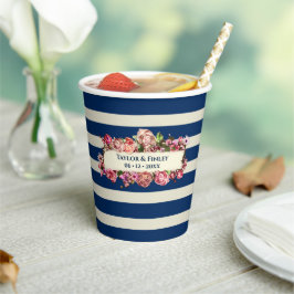 ヴィンテージ航海のネイビーストライプルフローラ結婚ズ 紙コップ