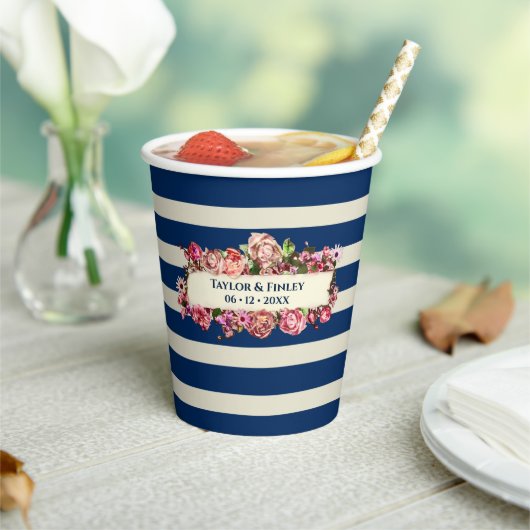 ヴィンテージ航海のネイビーストライプルフローラ結婚ズ 紙コップ (インサイチュ)