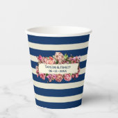 ヴィンテージ航海のネイビーストライプルフローラ結婚ズ 紙コップ (正面)