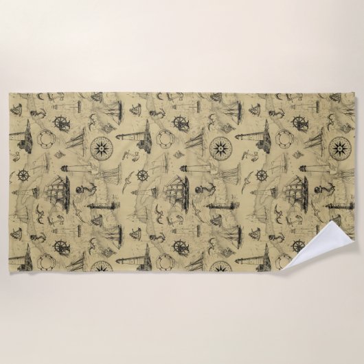 ヴィンテージ航海のパターン古いマップの背景 ビーチタオル (正面)