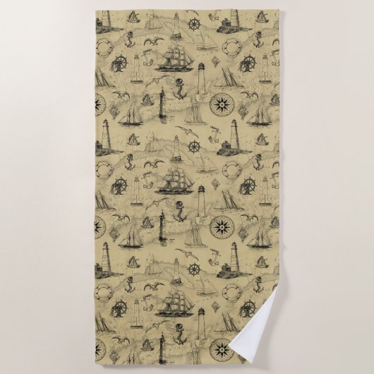 ヴィンテージ航海のパターン古いマップの背景 ビーチタオル (正面)