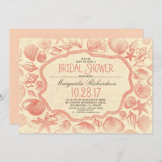 ヴィンテージ航海のビーチブライダルシャワー 招待状 (正面/裏面)