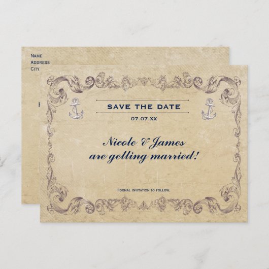 ヴィンテージ航海のビーチ結婚式日付カードの保存 案内ポストカード (正面/裏面)