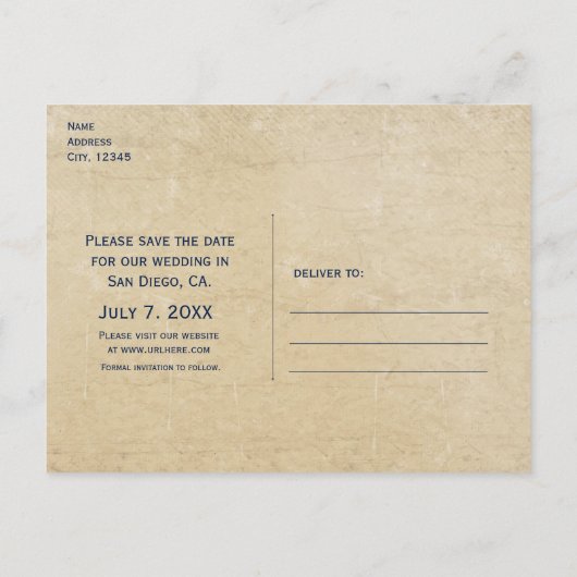ヴィンテージ航海のビーチ結婚式日付カードの保存 案内ポストカード (裏面)