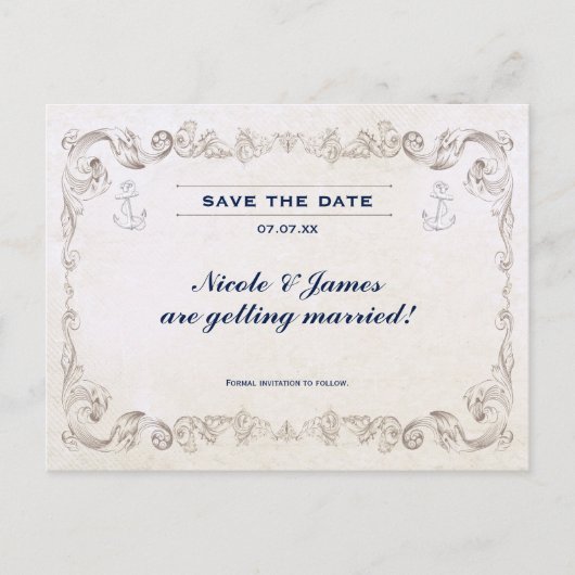 ヴィンテージ航海のビーチ結婚式日付カードの保存 案内ポストカード (正面)